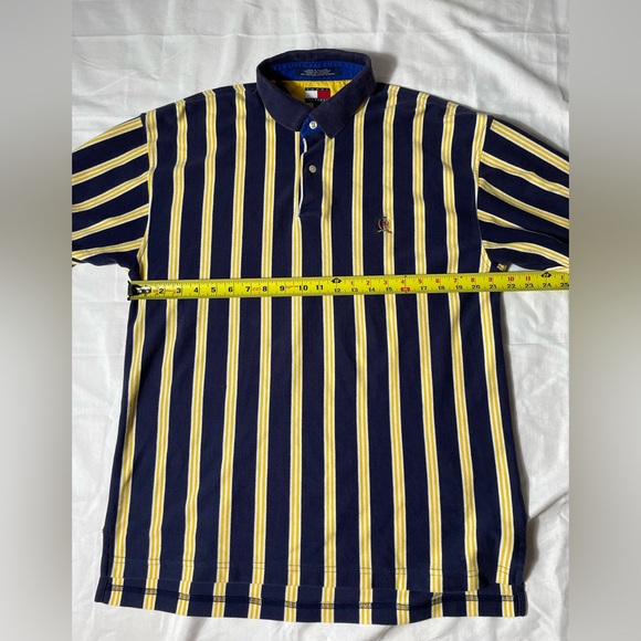 Vintage Tommy Hilfiger vertical striped blue and yellow polo shirt men’s size L - Picture 2 of 5